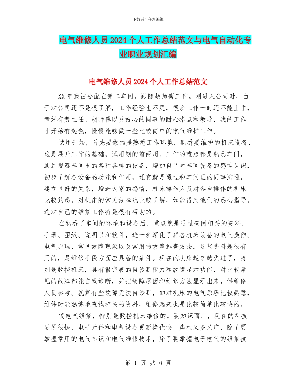 电气维修人员2024个人工作总结范文与电气自动化专业职业规划汇编_第1页