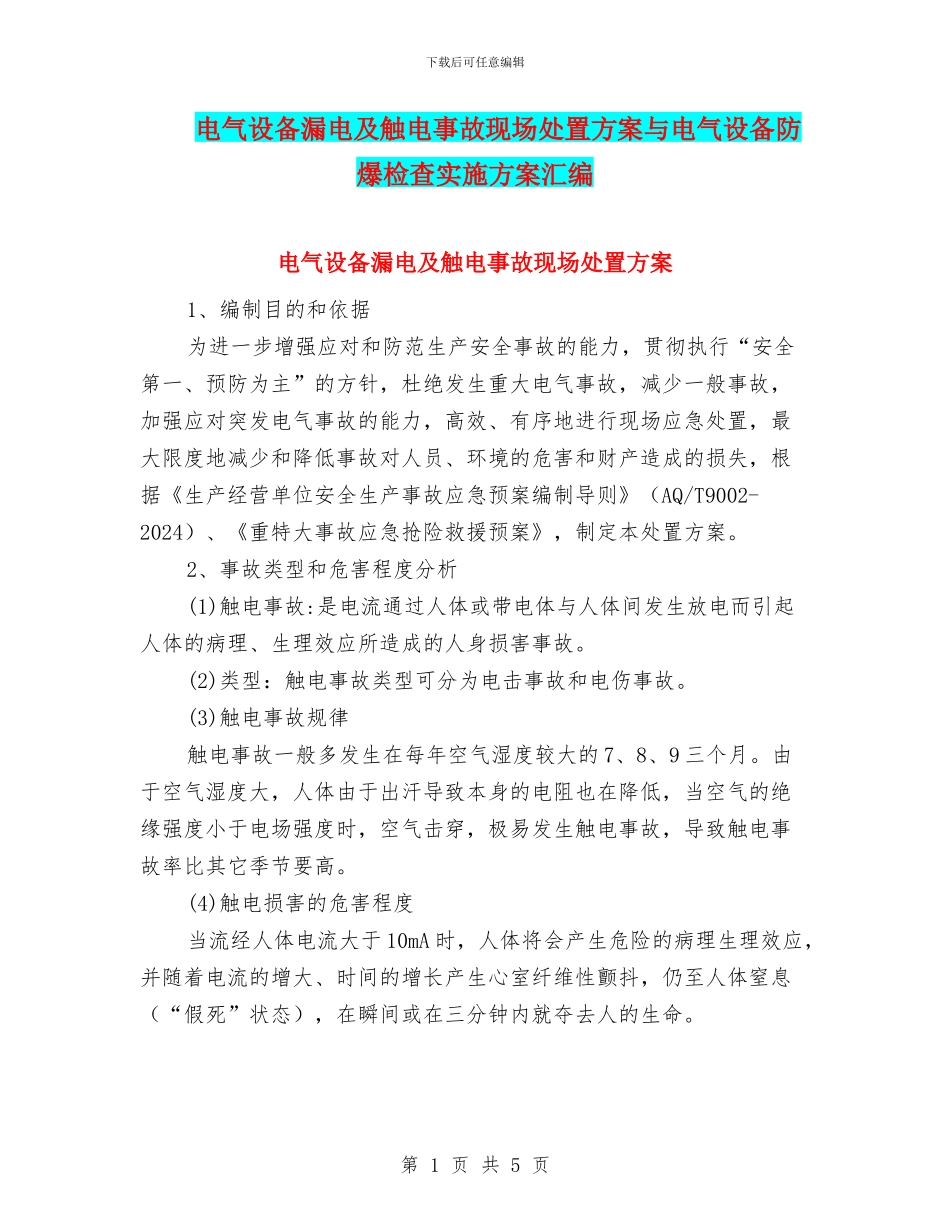电气设备漏电及触电事故现场处置方案与电气设备防爆检查实施方案汇编_第1页