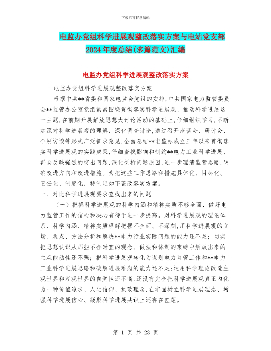 电监办党组科学发展观整改落实方案与电站党支部2024年度总结汇编_第1页