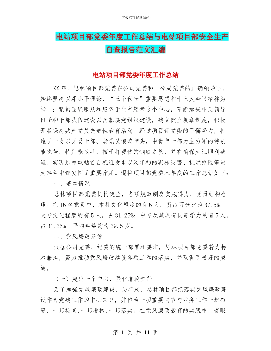 电站项目部党委年度工作总结与电站项目部安全生产自查报告范文汇编_第1页
