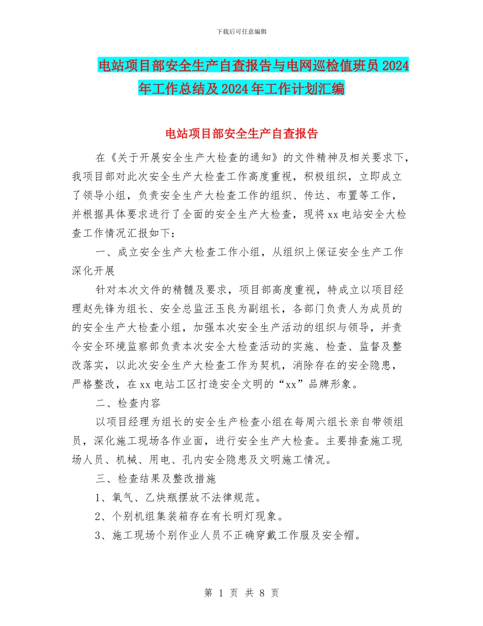 电站项目部安全生产自查报告与电网巡检值班员2024年工作总结及2024年工作计划汇编_第1页