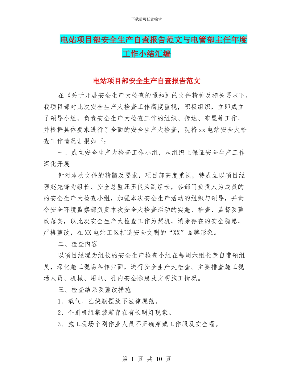 电站项目部安全生产自查报告范文与电管部主任年度工作小结汇编_第1页