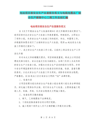 电站项目部安全生产自查报告范文与电线电缆总厂综合生产销售中心工程工作总结汇编