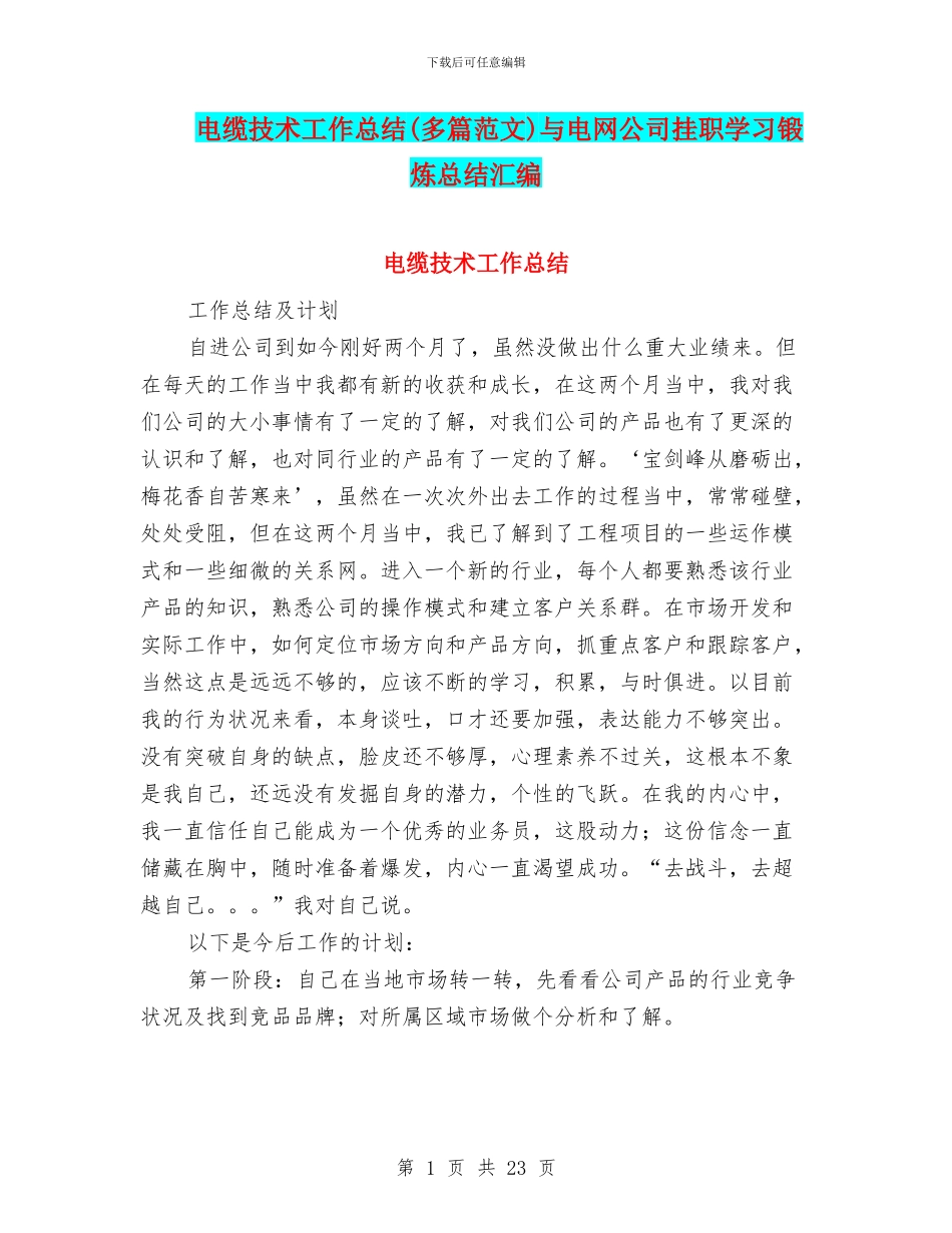 电缆技术工作总结与电网公司挂职学习锻炼总结汇编_第1页