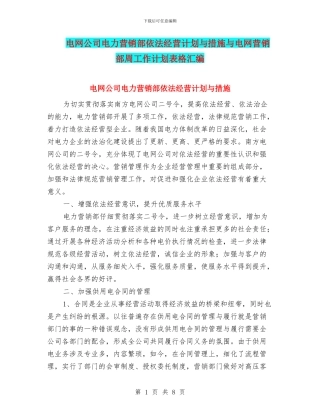 电网公司电力营销部依法经营计划与措施与电网营销部周工作计划表格汇编