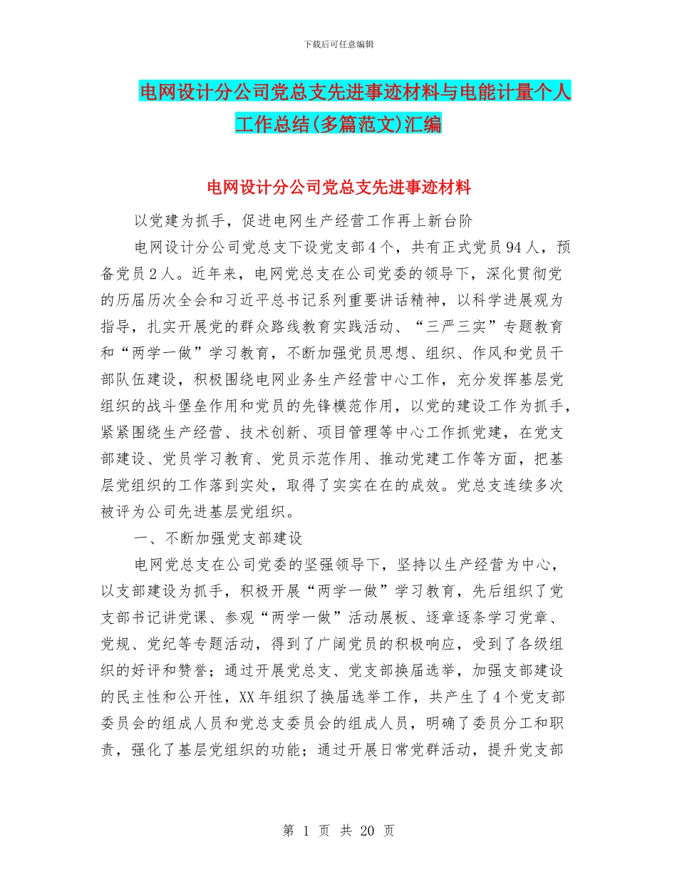 电网设计分公司党总支先进事迹材料与电能计量个人工作总结汇编_第1页