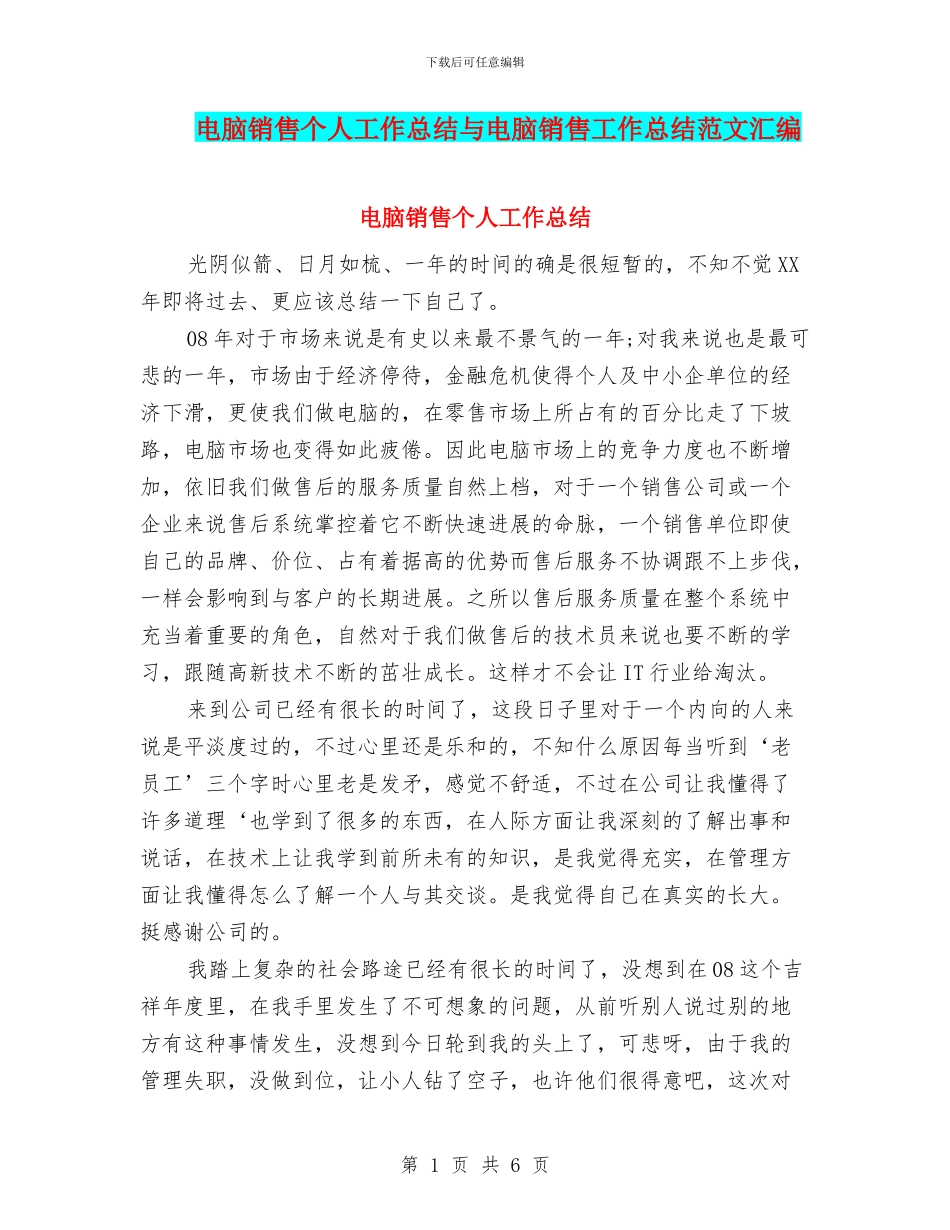 电脑销售个人工作总结与电脑销售工作总结范文汇编_第1页