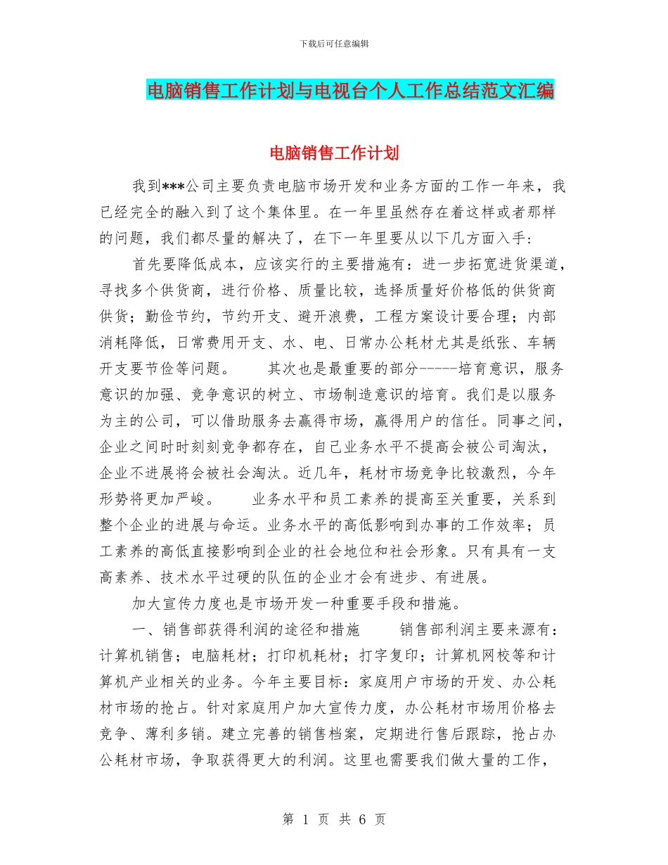 电脑销售工作计划与电视台个人工作总结范文汇编_第1页