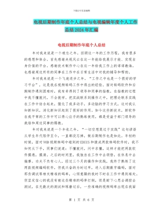 电视后期制作年底个人总结与电视编辑年度个人工作总结2024年汇编