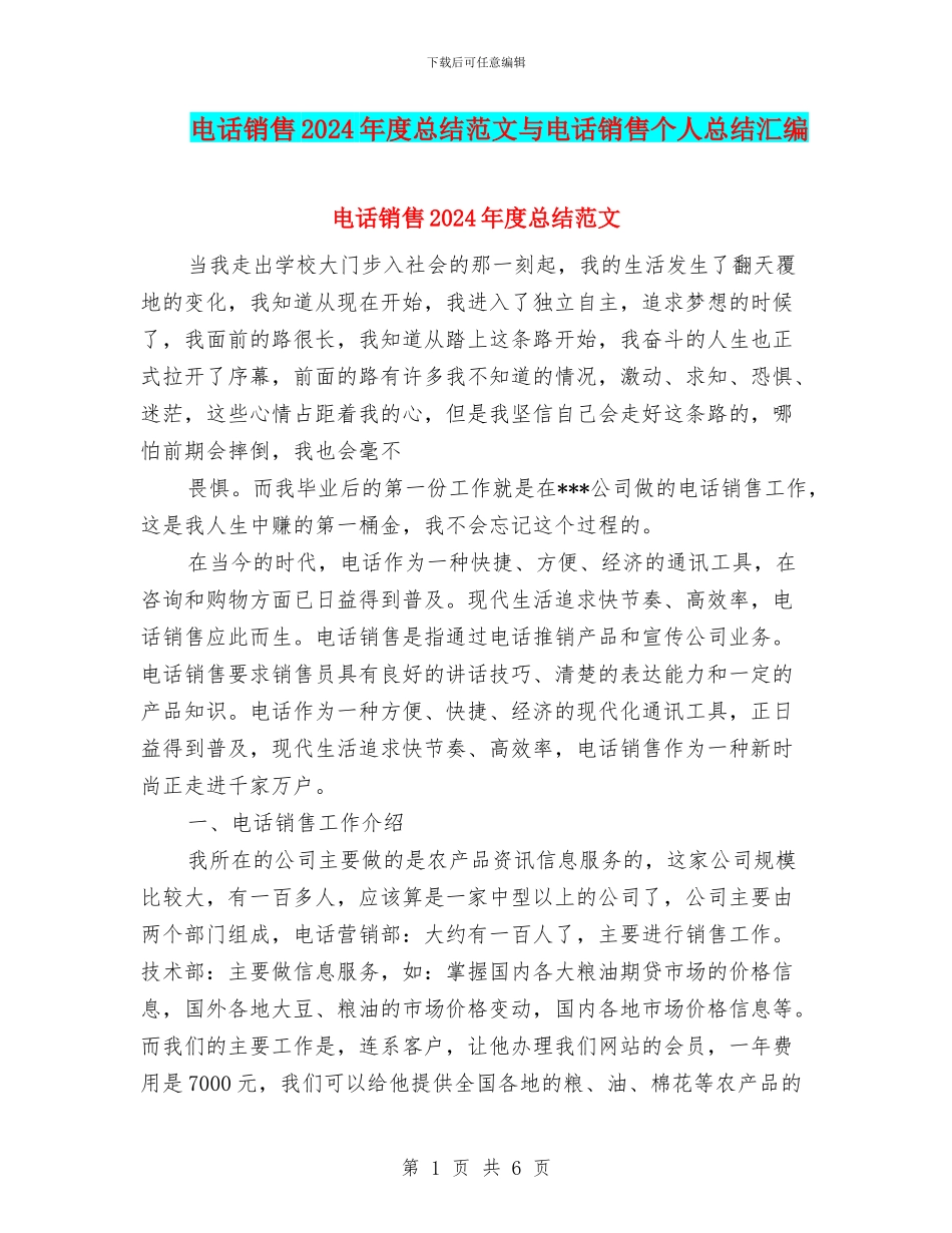 电话销售2024年度总结范文与电话销售个人总结汇编_第1页