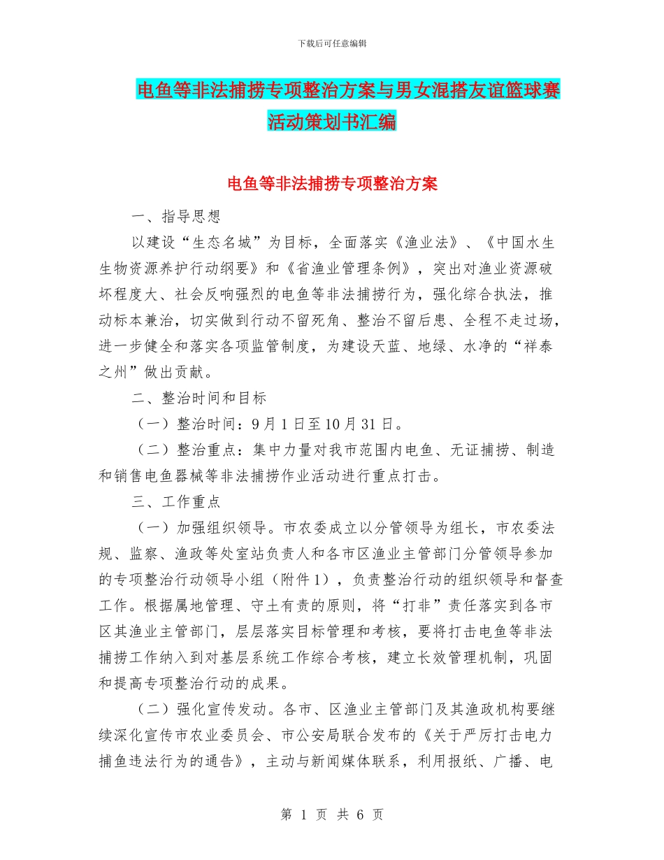 电鱼等非法捕捞专项整治方案与男女混搭友谊篮球赛活动策划书汇编_第1页