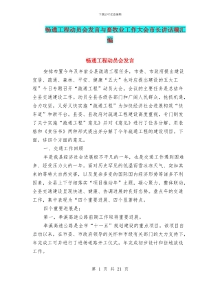 畅通工程动员会发言与畜牧业工作大会市长讲话稿汇编