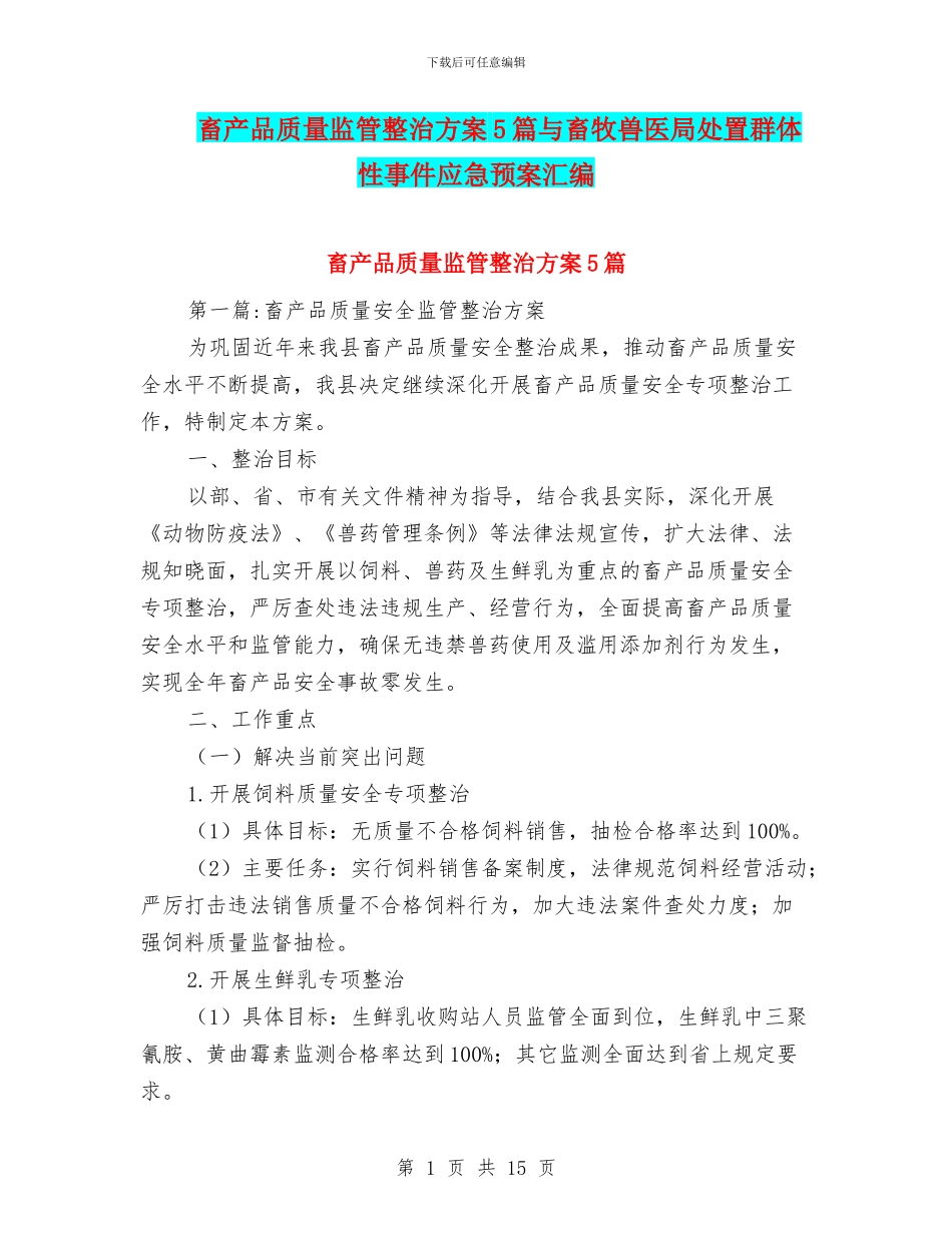 畜产品质量监管整治方案5篇与畜牧兽医局处置群体性事件应急预案汇编_第1页
