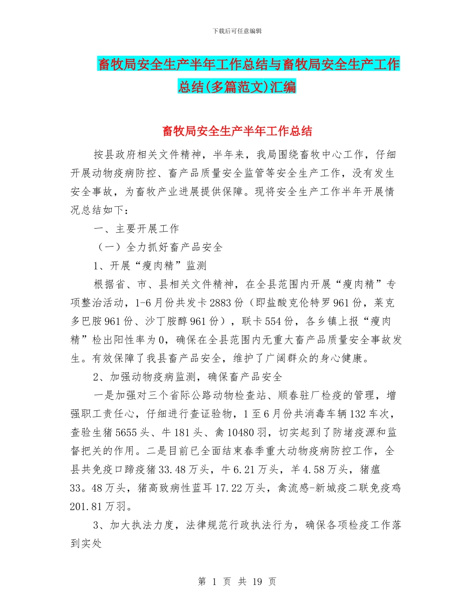 畜牧局安全生产半年工作总结与畜牧局安全生产工作总结汇编_第1页