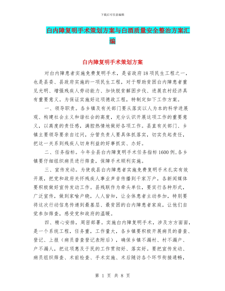 白内障复明手术策划方案与白酒质量安全整治方案汇编_第1页