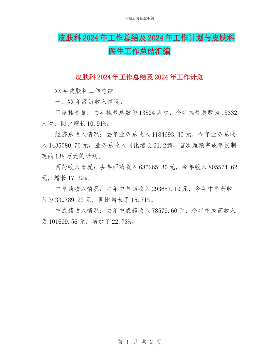 皮肤科2024年工作总结及2024年工作计划与皮肤科医生工作总结汇编_第1页