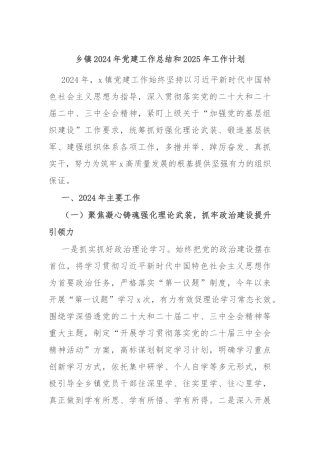 乡镇2024年党建工作总结和2025年工作计划