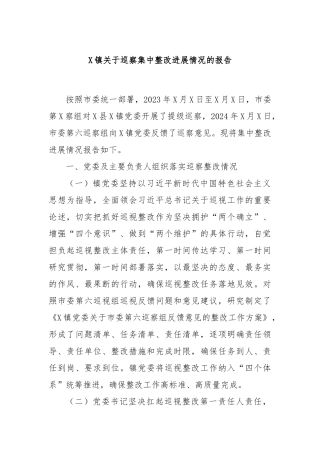 X镇关于巡察集中整改进展情况的报告