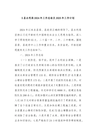 X县水利局2024年工作总结及2025年工作计划