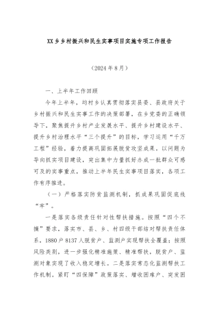 XX乡乡村振兴和民生实事项目实施专项工作报告