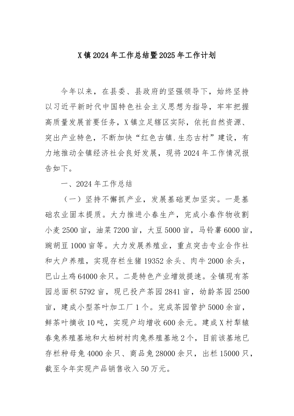 X镇2024年工作总结暨2025年工作计划_第1页