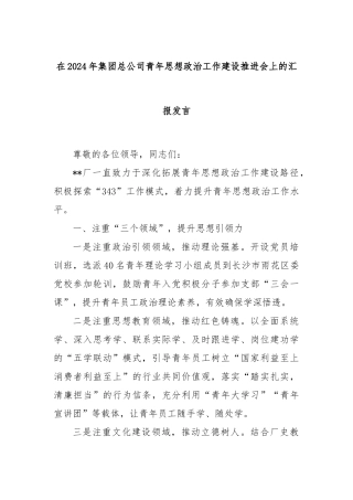 在2024年集团总公司青年思想政治工作建设推进会上的汇报发言