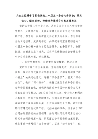 央企总经理学习贯彻党的二十届三中全会心得体会：坚定信心、瞄定目标、持续发力推动公司高质量发展