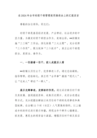 在2024年全市村级干部管理使用推进会上的汇报发言