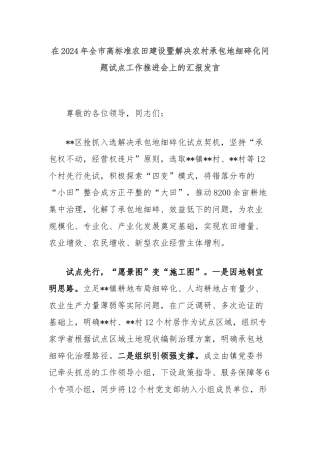 在2024年全市高标准农田建设暨解决农村承包地细碎化问题试点工作推进会上的汇报发言