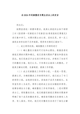 在2024年巡察整改专题生活会上的发言