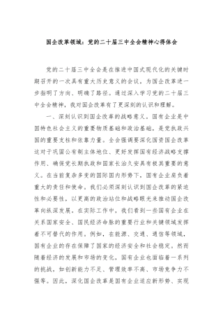 国企改革领域：党的二十届三中全会精神心得体会