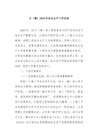 乡（镇）2024年安全生产工作总结