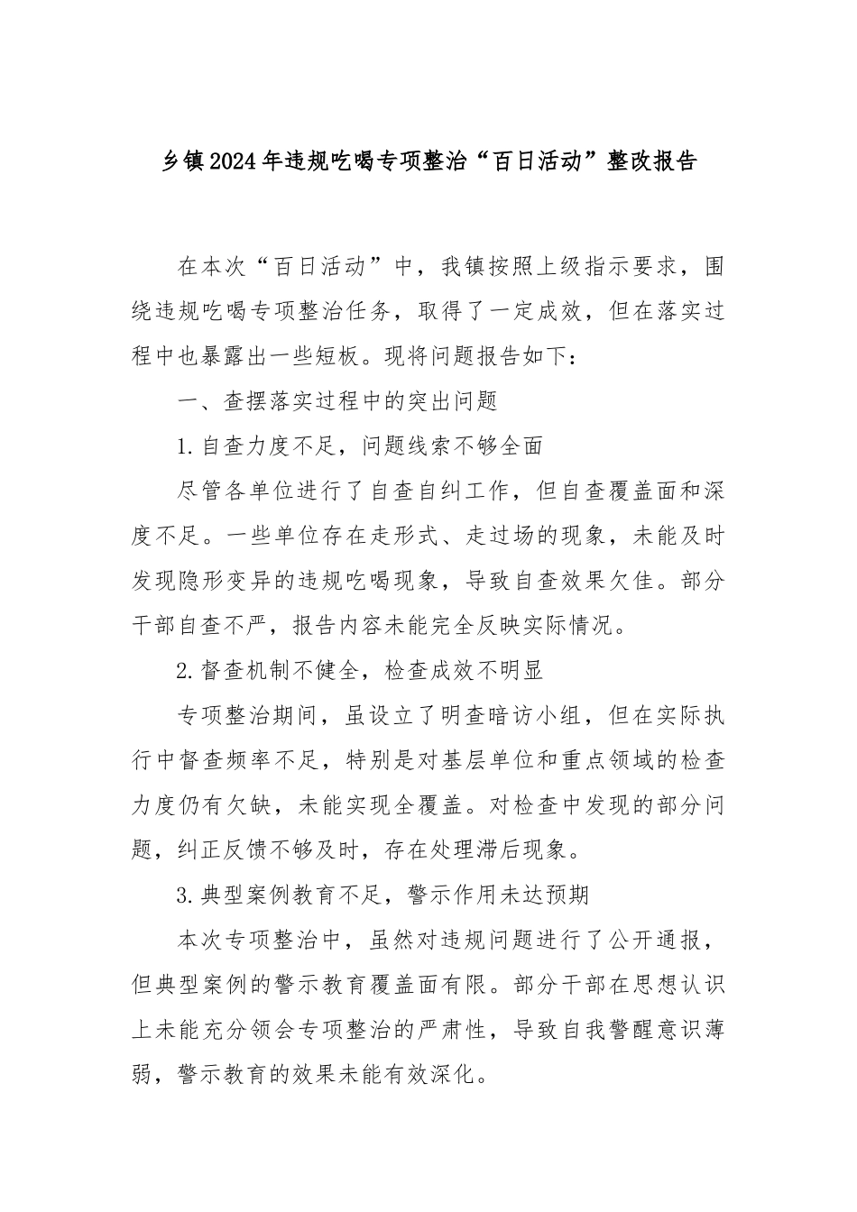 乡镇2024年违规吃喝专项整治“百日活动”整改报告_第1页
