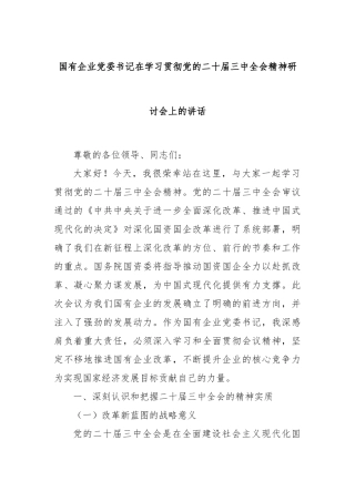国有企业党委书记在学习贯彻党的二十届三中全会精神研讨会上的讲话