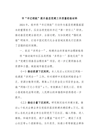 市“书记领航”提升基层党建工作质量经验材料