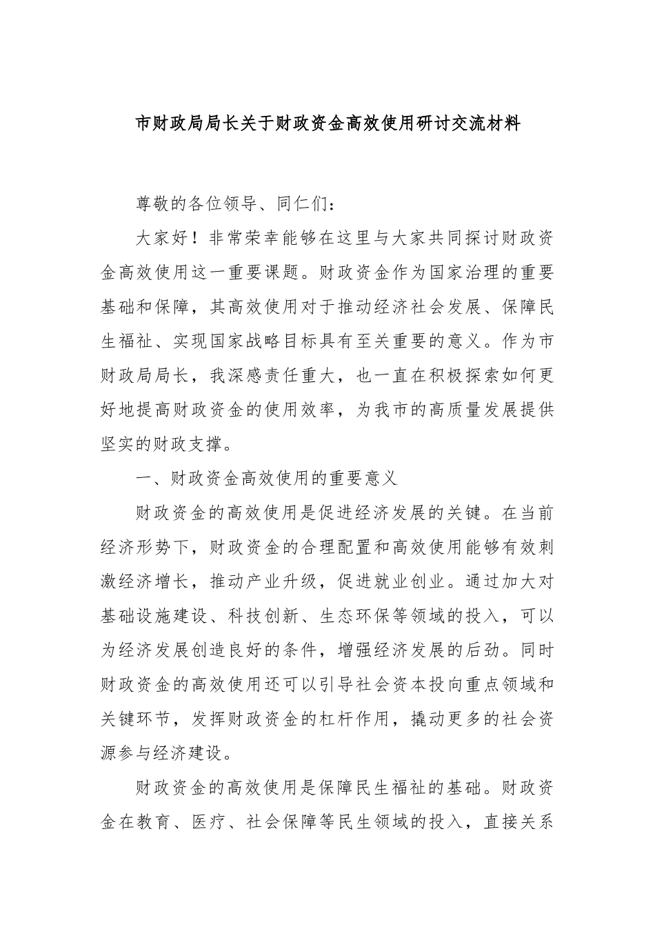 市财政局局长关于财政资金高效使用研讨交流材料_第1页
