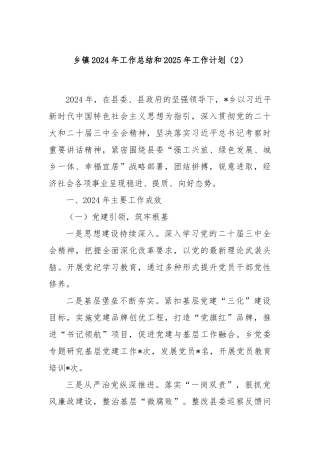 乡镇2024年工作总结和2025年工作计划（2）