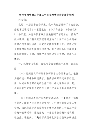 学习贯彻党的二十届三中全会精神研讨会发言材料