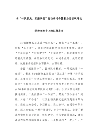 在“排队抓尾、双整双创”行动推进会暨基层党组织建设经验交流会上的汇报发言