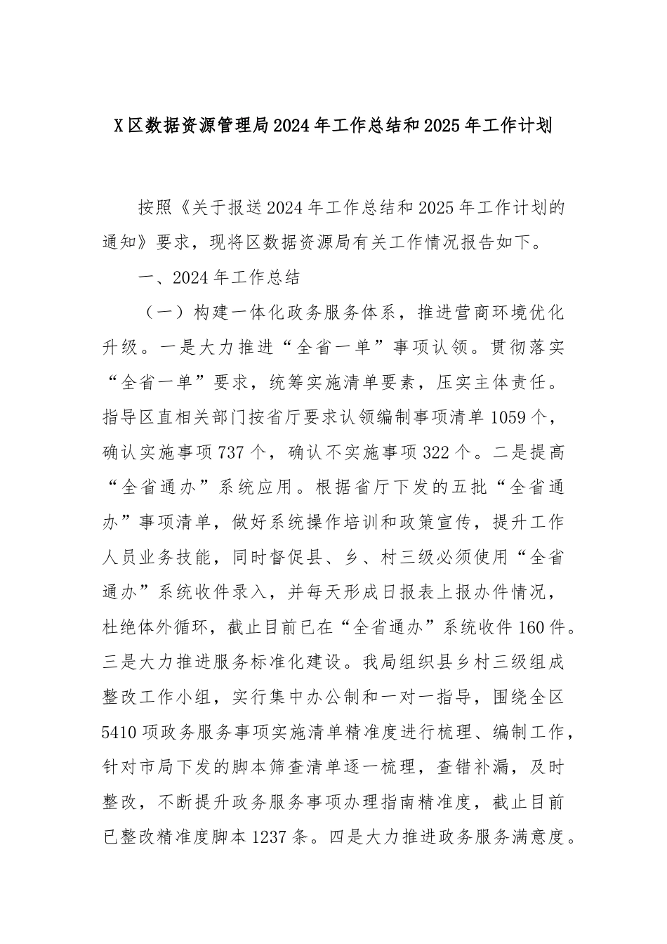 X区数据资源管理局2024年工作总结和2025年工作计划_第1页