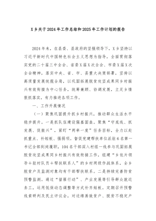 X乡关于2024年工作总结和2025年工作计划的报告