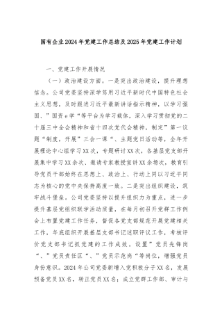 国有企业2024年党建工作总结及2025年党建工作计划