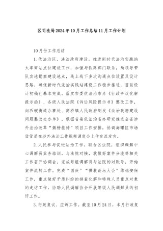 区司法局2024年10月工作总结11月工作计划