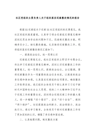 社区党组织主要负责人关于组织落实巡察整改情况的报告