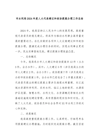 市水利局2024年度人大代表建议和政协提案办理工作总结
