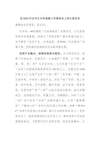 在2024年全市文化和旅游工作推进会上的汇报发言