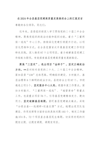 在2024年全县基层党建高质量发展推进会上的汇报发言