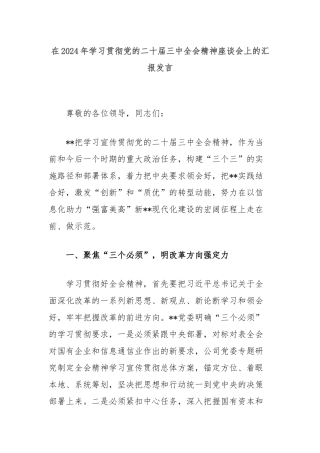 在2024年学习贯彻党的二十届三中全会精神座谈会上的汇报发言