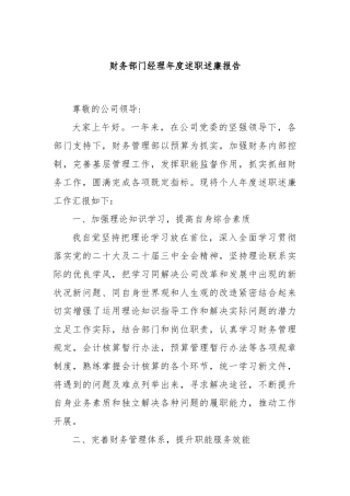 财务部门经理年度述职述廉报告