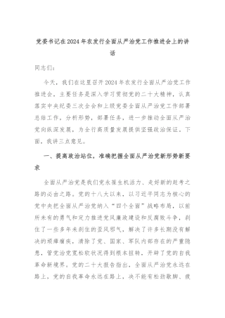 党委书记在2024年农发行全面从严治党工作推进会上的讲话